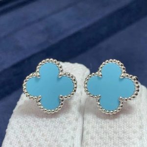 Authentic Van Cleef & Arpels 18K White Gold Turquoise Vintage Alhambra Earrings