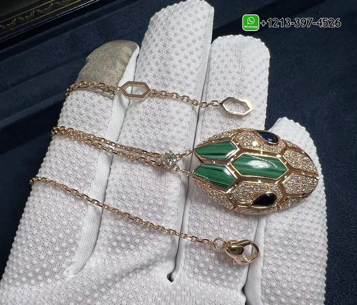 0s0hncdjuht Custom Made 1:1 Quality Bvlgari 18K Rose Gold Diamond Malachite Blue Sapphire Serpenti Seduttori Pendant Necklace - High Quality 18k Gold and Diamond Luxury Distinctive Collection Designer Jewelry Customized Factory Price - Image 3