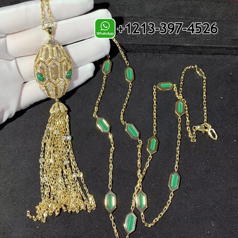 Custom Made Best Sellers Quality 1:1 Bvlgari Serpenti 18 kt yellow gold necklace with tassel set with a diamond, pavé diamonds and malachite eyes - High Quality 18k Gold and Diamond Luxury Distinctive Collection Designer Jewelry Customized Factory Price