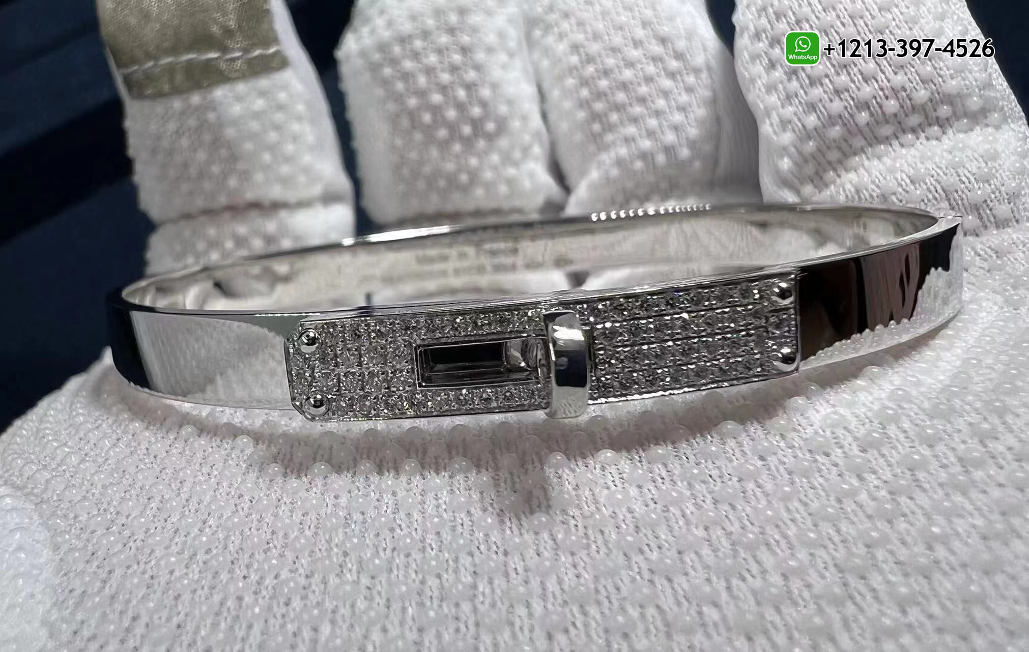 1hcer3lgb0g Custom Made Best Sellers Quality 1:1 Copy Hermes Kelly Diamond 18k White Gold Small Model Bangle Bracelet - High Quality 18k Gold and Diamond Luxury Distinctive Collection Designer Jewelry Customized Factory Price - Image 3