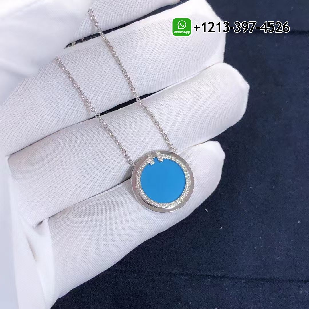 1v2pojvgvm1 Custom Made Best Sellers Quality 1:1 Tiffany T Diamond and Turquoise Circle 18k White Gold Pendant Necklace - High Quality 18k Gold and Diamond Luxury Distinctive Collection Designer Jewelry Customized Factory Price - Image 2