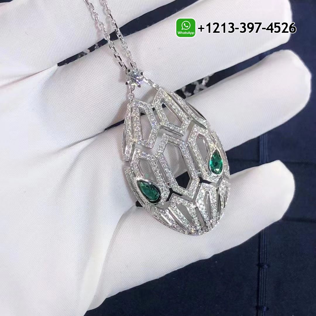 3mowdicvdff Best Sellers 1:1 Quality Cheap Custom Made Bvlgari Serpenti Pave Diamond & Emerald Eyes 18K White Gold Pendant Necklace - High Quality 18k Gold and Diamond Luxury Distinctive Collection Designer Jewelry Customized Factory Price - Image 2