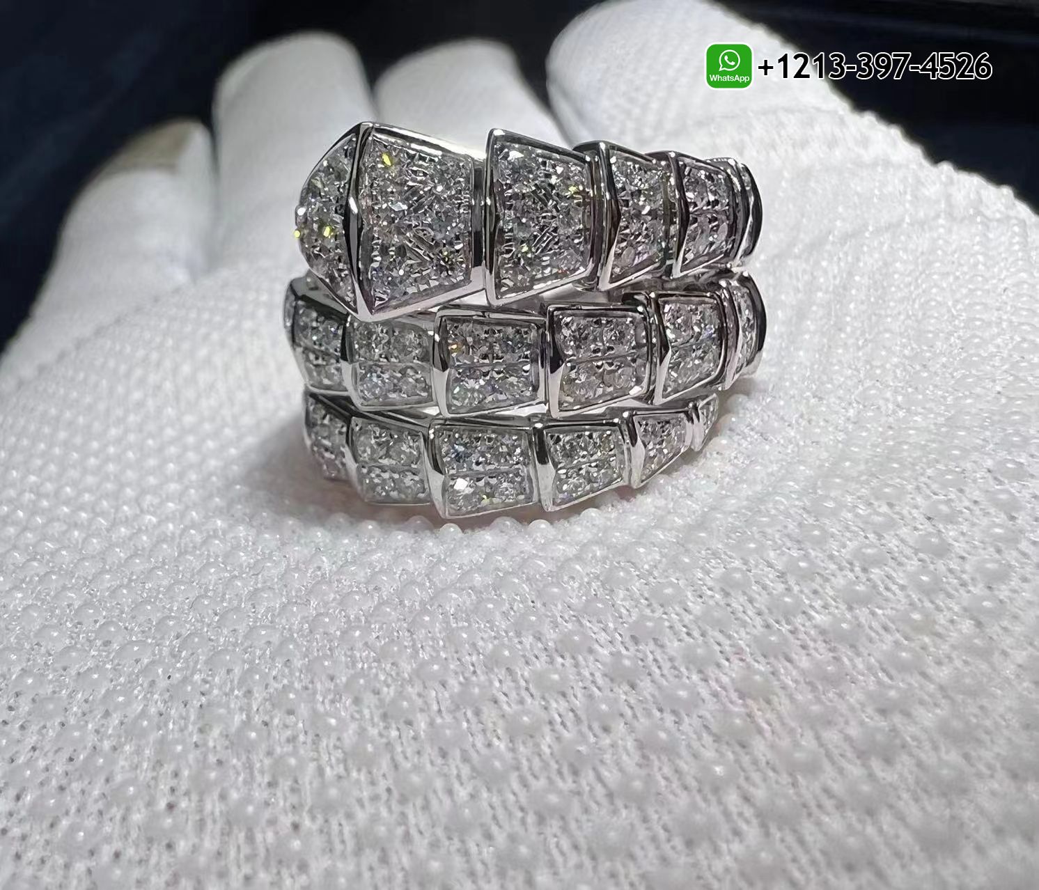 3n1vba1m5f2 Custom Made Best Quality 1:1 Copy Bvlgari Serpenti Viper Two-Coil 18K White Gold Full Diamond Paved Snake Ring - High Quality 18k Gold and Diamond Luxury Distinctive Collection Designer Jewelry Customized Factory Price - Image 9