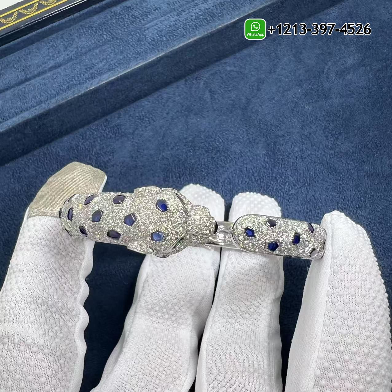 Best Sellers 1:1 Quality Cheap Custom Made Cartier 18k White Gold Full Pave Diamonds Sapphires Emerald Onyx Panthere de Cartier Bracelet - High Quality 18k Gold and Diamond Luxury Distinctive Collection Designer Jewelry Customized Factory Price