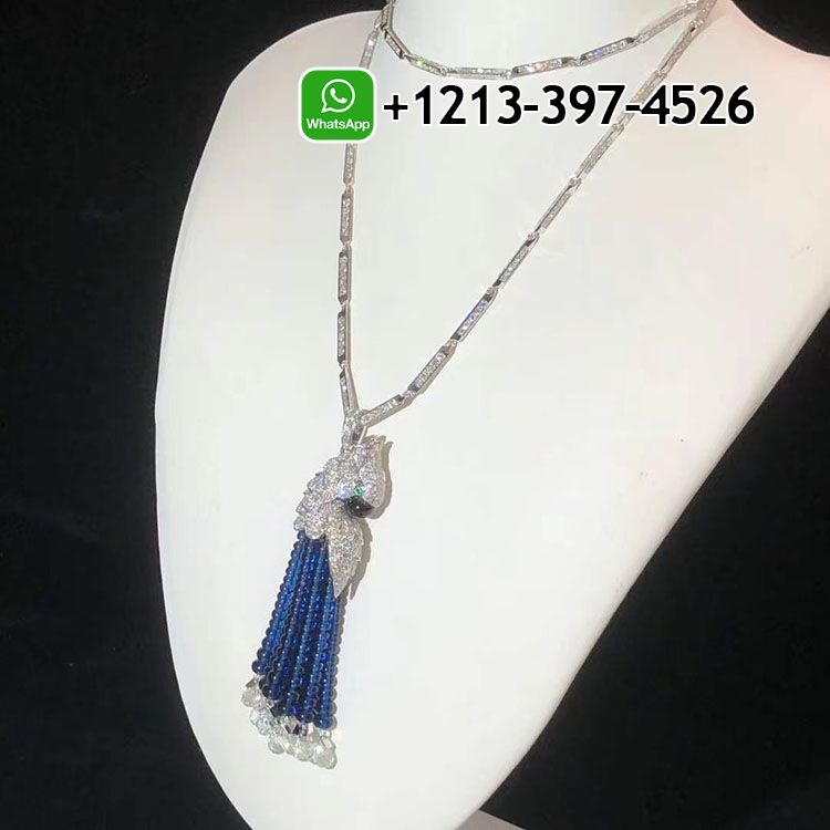 5mah5rsv0wm Custom Made Best Sellers Quality 1:1 Cartier Les Oiseaux Libérés 18k White Gold 13.28ct Diamonds Blue Sapphire Parrot Tassels Pendant Necklace - High Quality 18k Gold and Diamond Luxury Distinctive Collection Designer Jewelry Customized Factory Price - Image 4