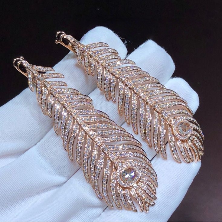 boucheron plume de paon 18k rose gold pave diamond feather pendant earrings jco01236