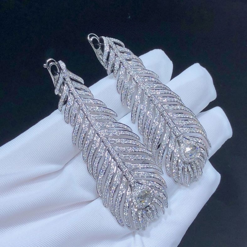 boucheron plume de paon 18k white gold pave diamond feather pendant earrings jco01073 2