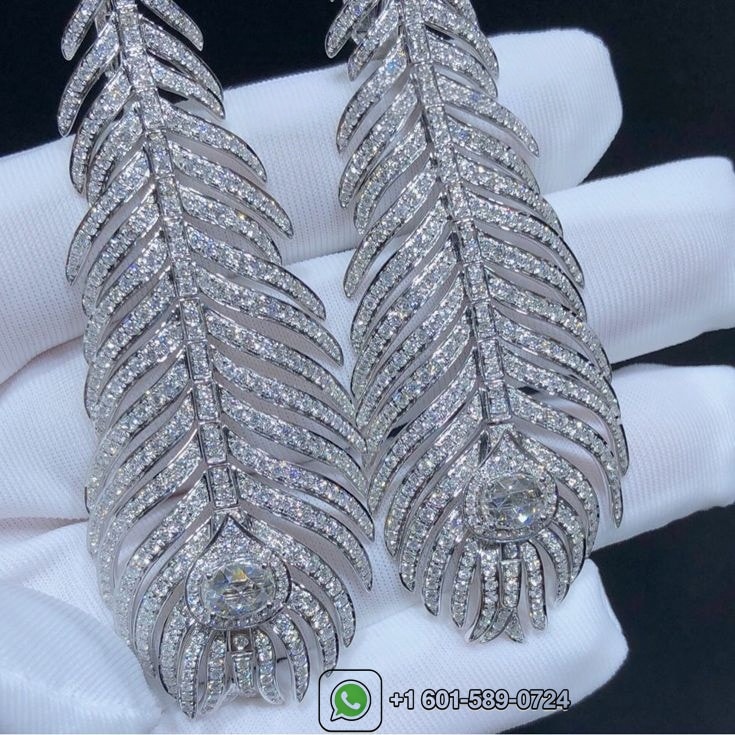 boucheron plume de paon 18k white gold pave diamond feather pendant earrings jco01073 3