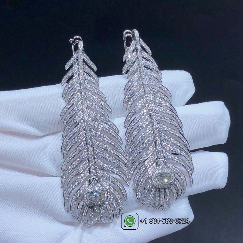 boucheron plume de paon 18k white gold pave diamond feather pendant earrings jco01073 4