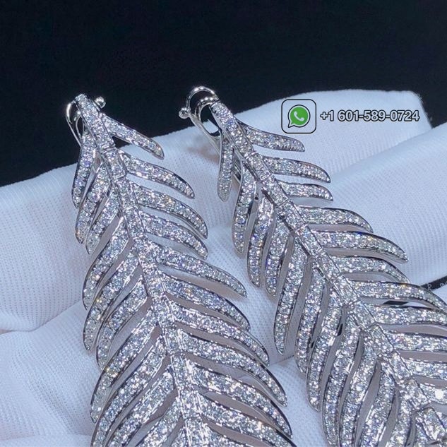 boucheron plume de paon 18k white gold pave diamond feather pendant earrings jco01073 6