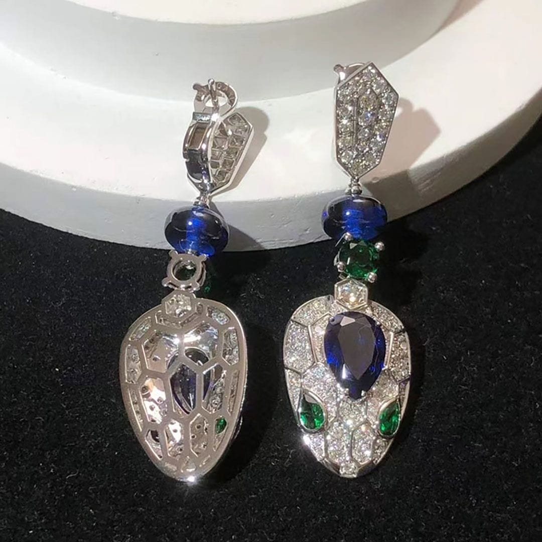 bulgari serpenti 18k white gold blue sapphires emeralds and pave diamonds drop earrings