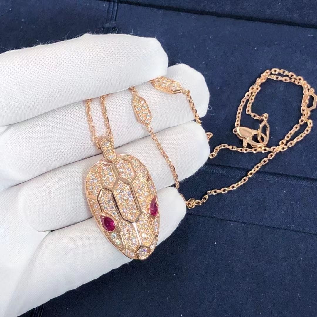 bulgari serpenti rubellite eyes pave 18k rose gold diamonds necklace 352725