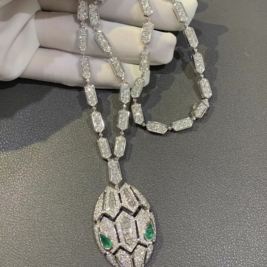 bvlgari 18k white gold full pave diamond emerald eyes serpenti necklace