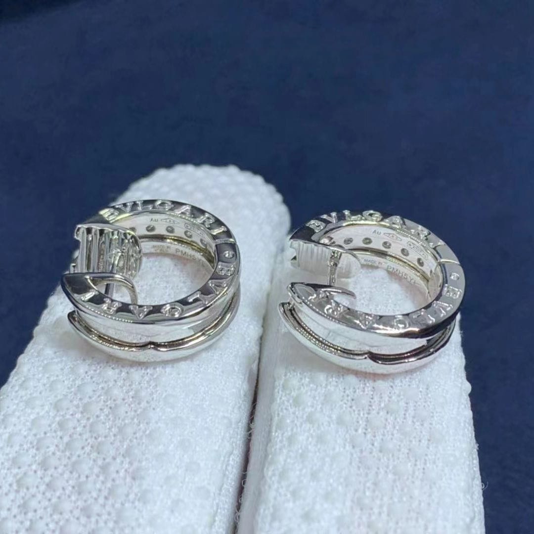 bvlgari b.zero1 small 18 kt white gold set with pave diamonds on the spiral hoop earrings