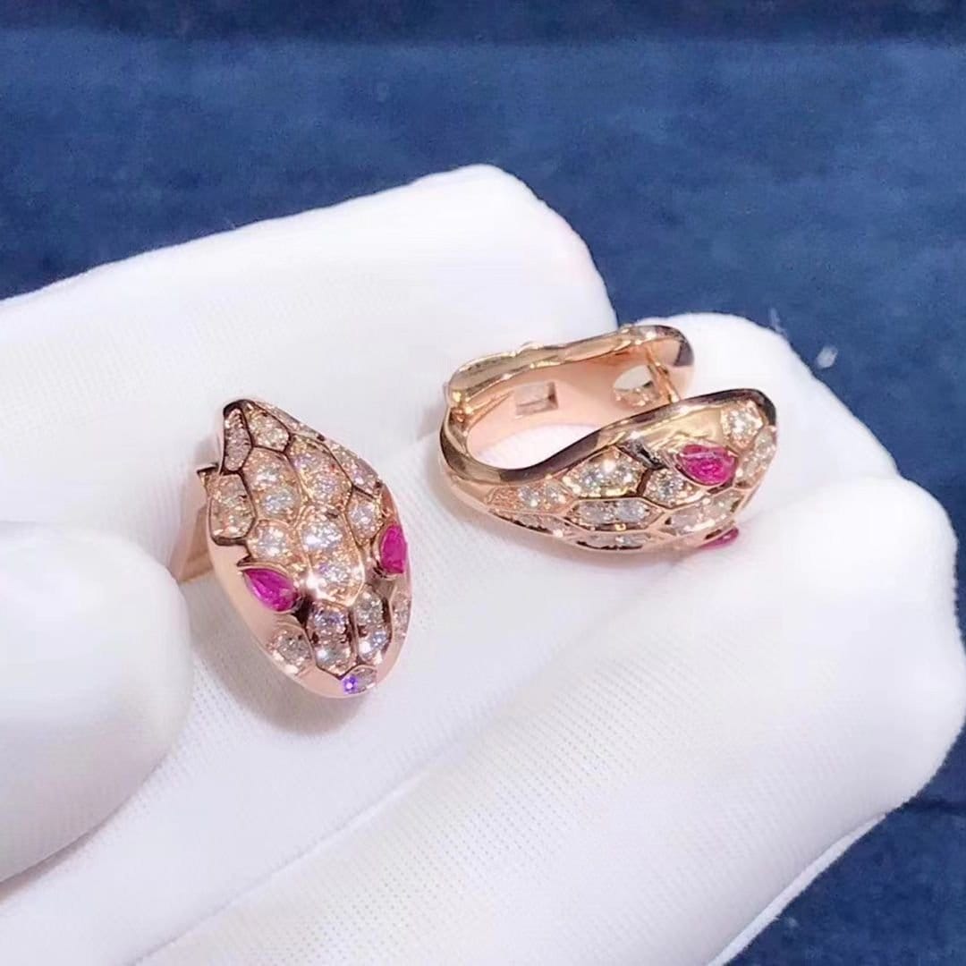 bvlgari serpenti 18k rose gold rubellite and diamond earrings