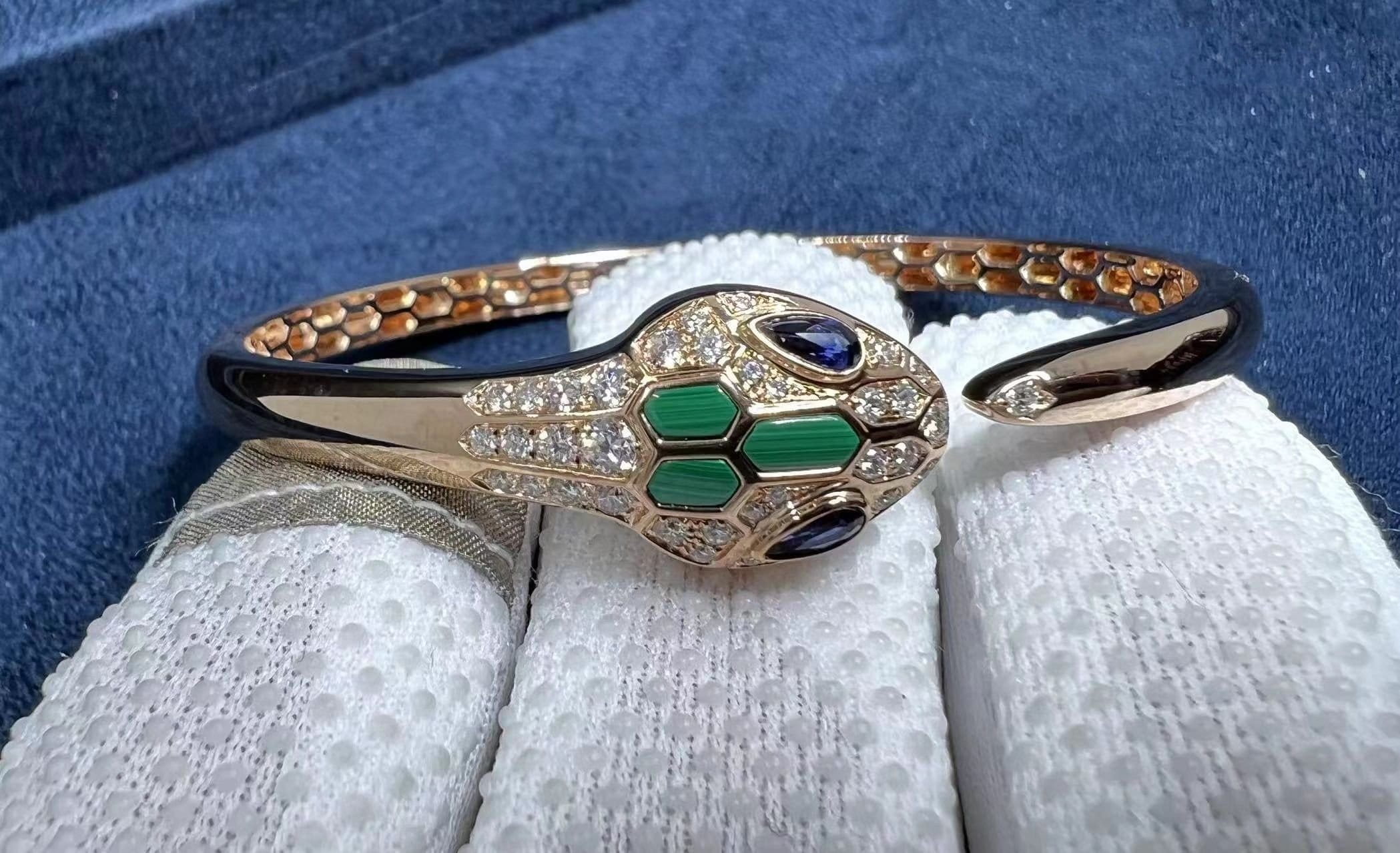 bvlgari serpenti 18k rose gold blue sapphire malachite pave diamond bracelet 356201 2