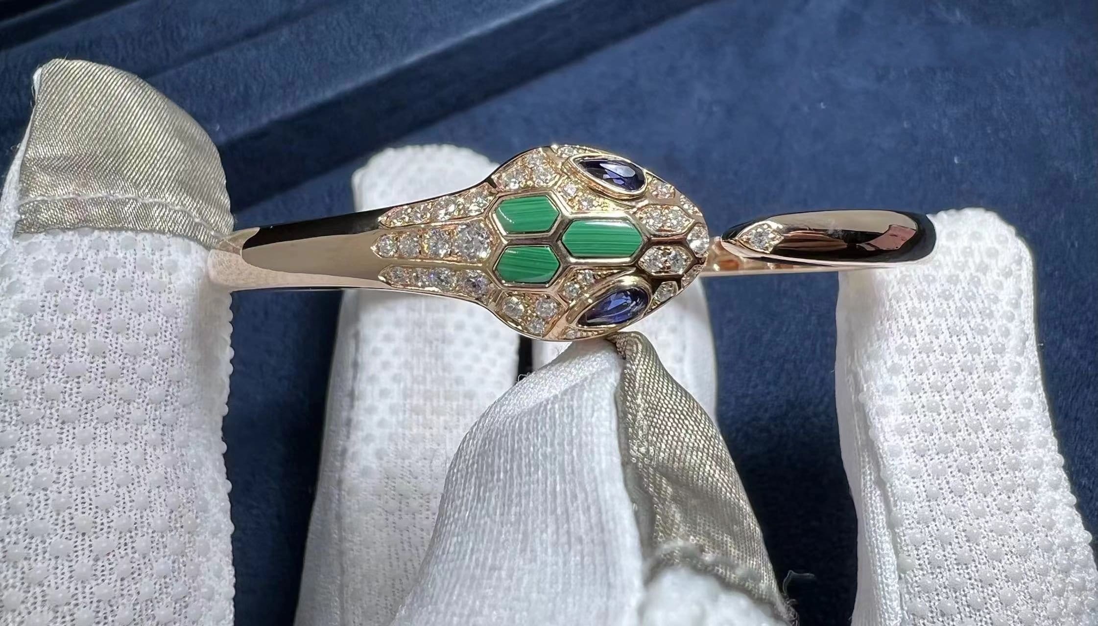 bvlgari serpenti 18k rose gold blue sapphire malachite pave diamond bracelet 356201 9