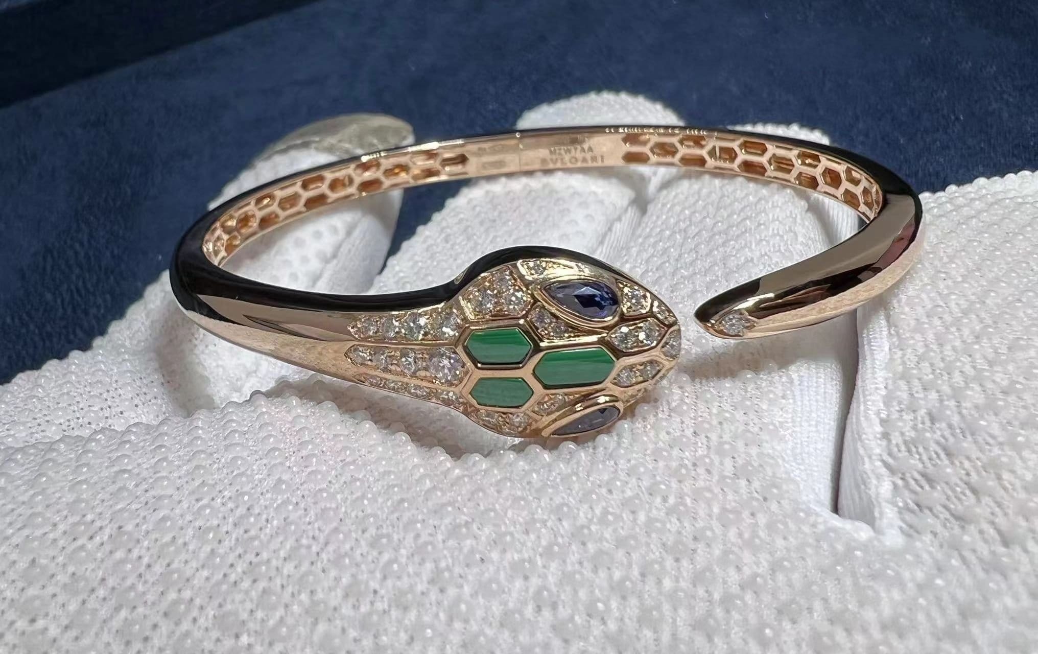 bvlgari serpenti 18k rose gold blue sapphire malachite pave diamond bracelet 356201
