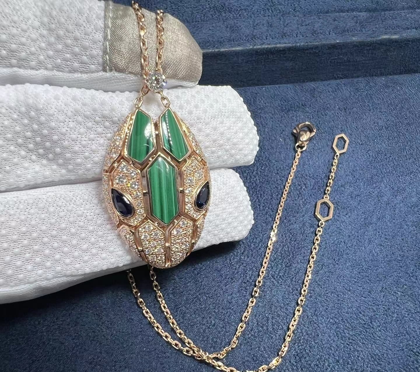 bvlgari serpenti 18k rose gold blue sapphire malachite and diamond pave pendant necklace 1
