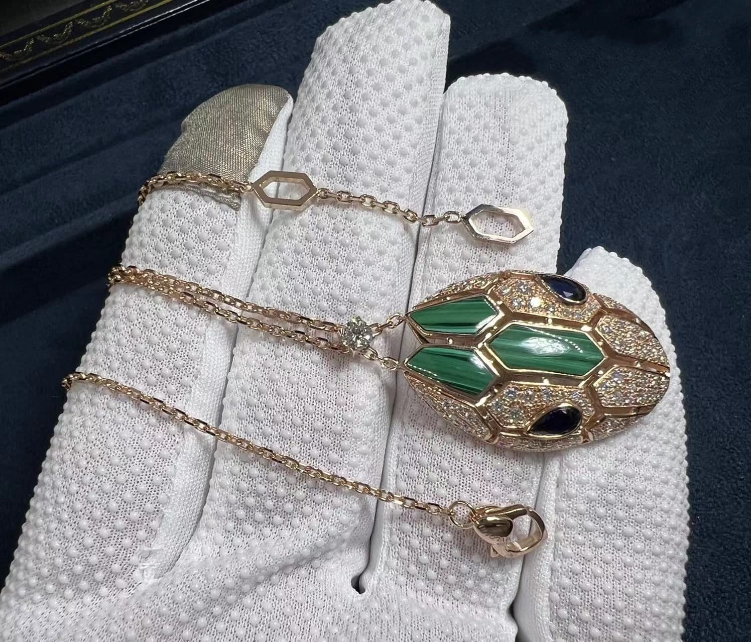 bvlgari serpenti 18k rose gold blue sapphire malachite and diamond pave pendant necklace 2