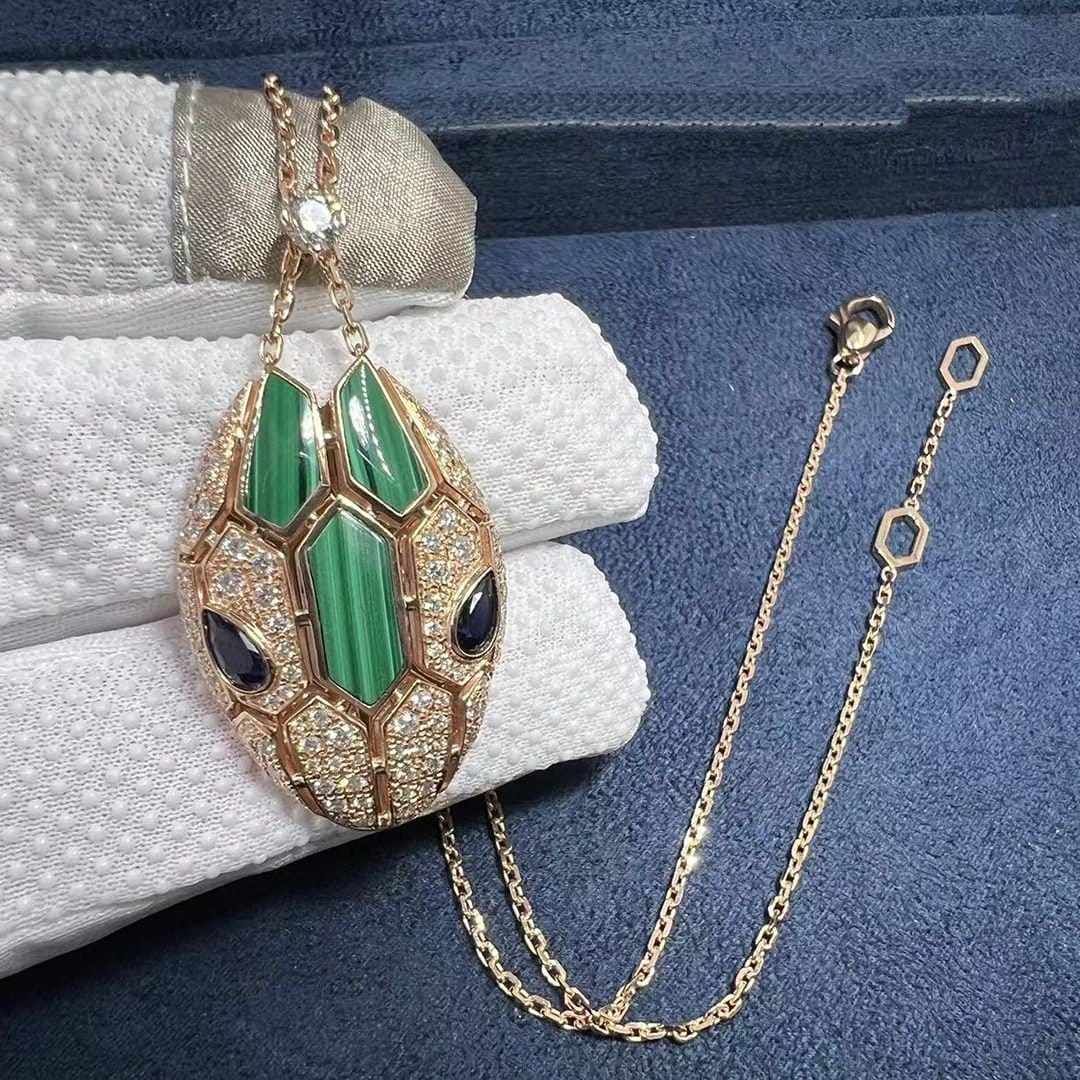 bvlgari serpenti 18k rose gold blue sapphire malachite and diamond pave pendant necklace