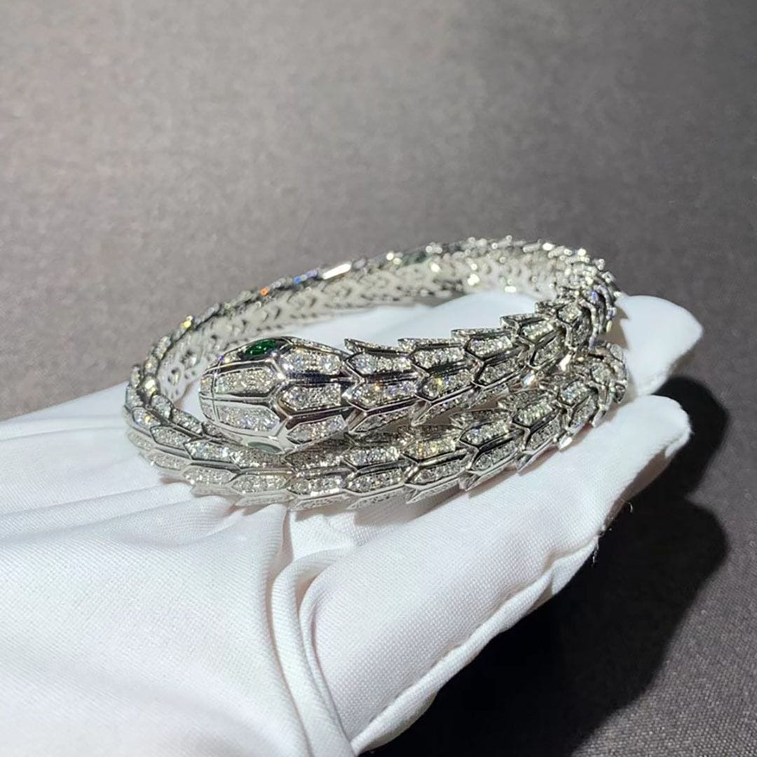 bvlgari serpenti 18k white gold pave diamond emerald eyes bracelet 356903
