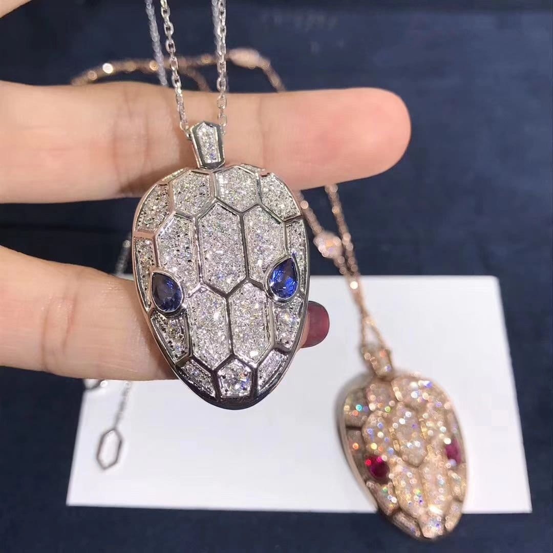 bvlgari serpenti seduttori 18k white gold pave diamonds blue sapphire pendant necklace 353529