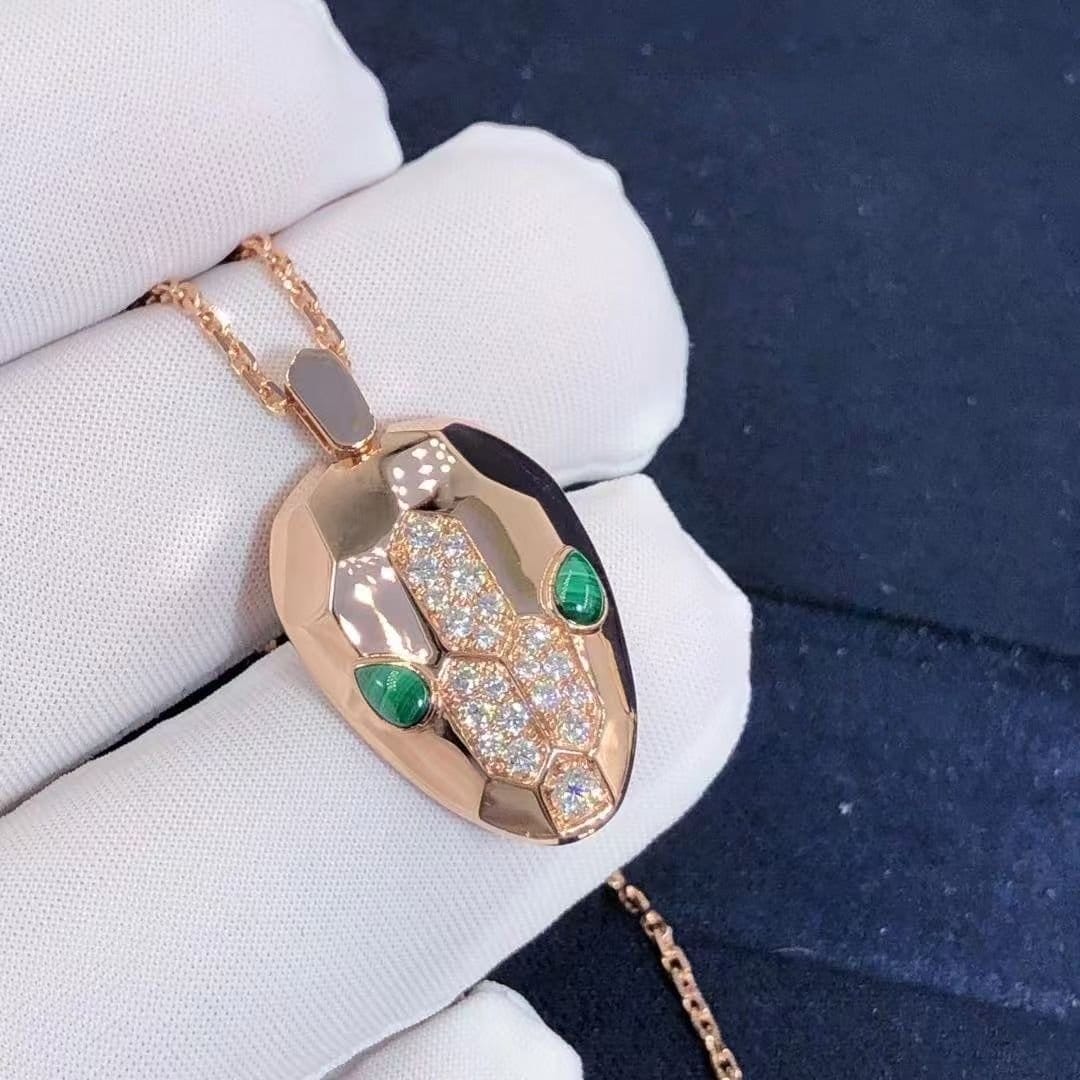 bvlgari serpenti necklace with 18 kt rose gold chain and pendant set with malachite eyes and demi pave diamonds 1