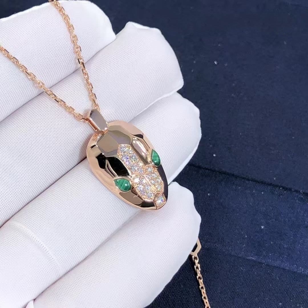 bvlgari serpenti necklace with 18 kt rose gold chain and pendant set with malachite eyes and demi pave diamonds 2