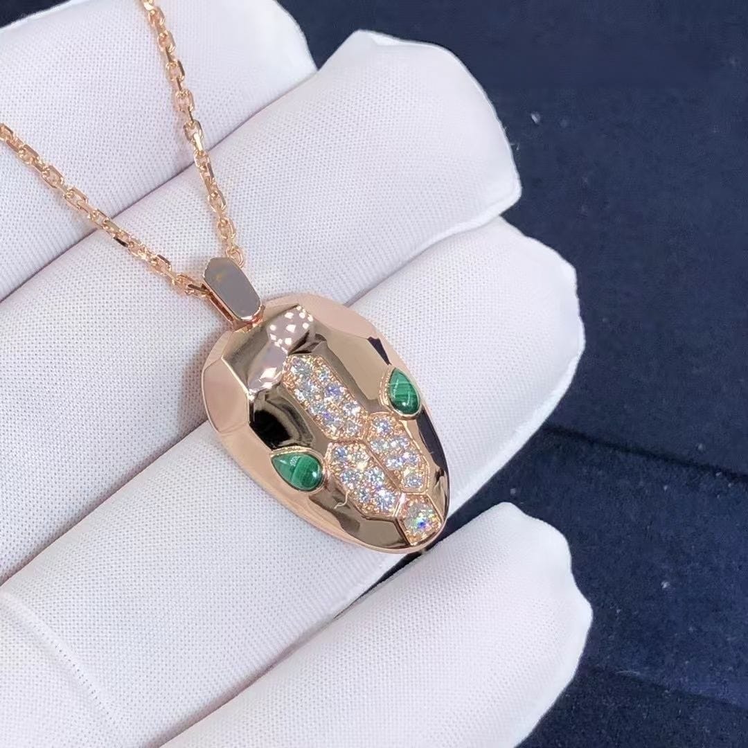 bvlgari serpenti necklace with 18 kt rose gold chain and pendant set with malachite eyes and demi pave diamonds 3