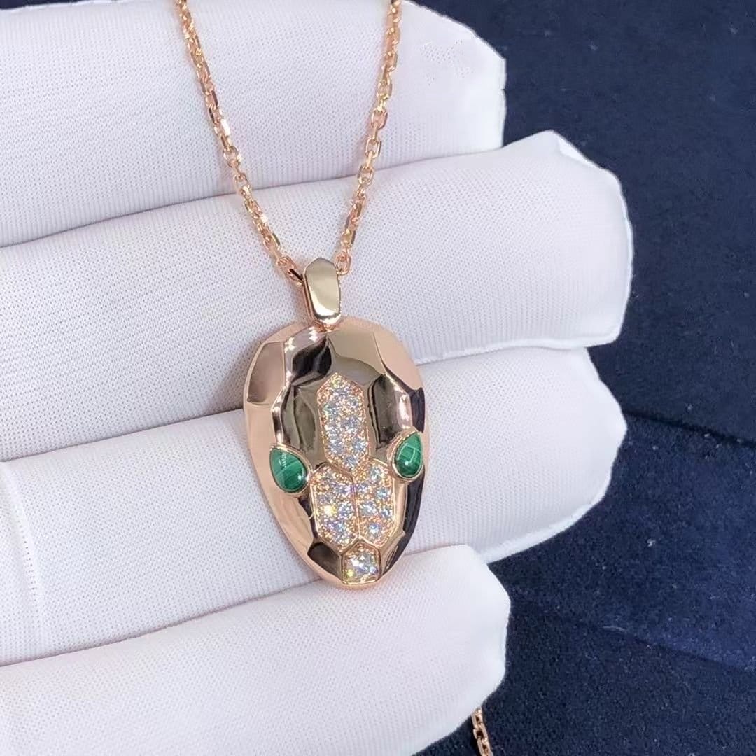 bvlgari serpenti necklace with 18 kt rose gold chain and pendant set with malachite eyes and demi pave diamonds 4