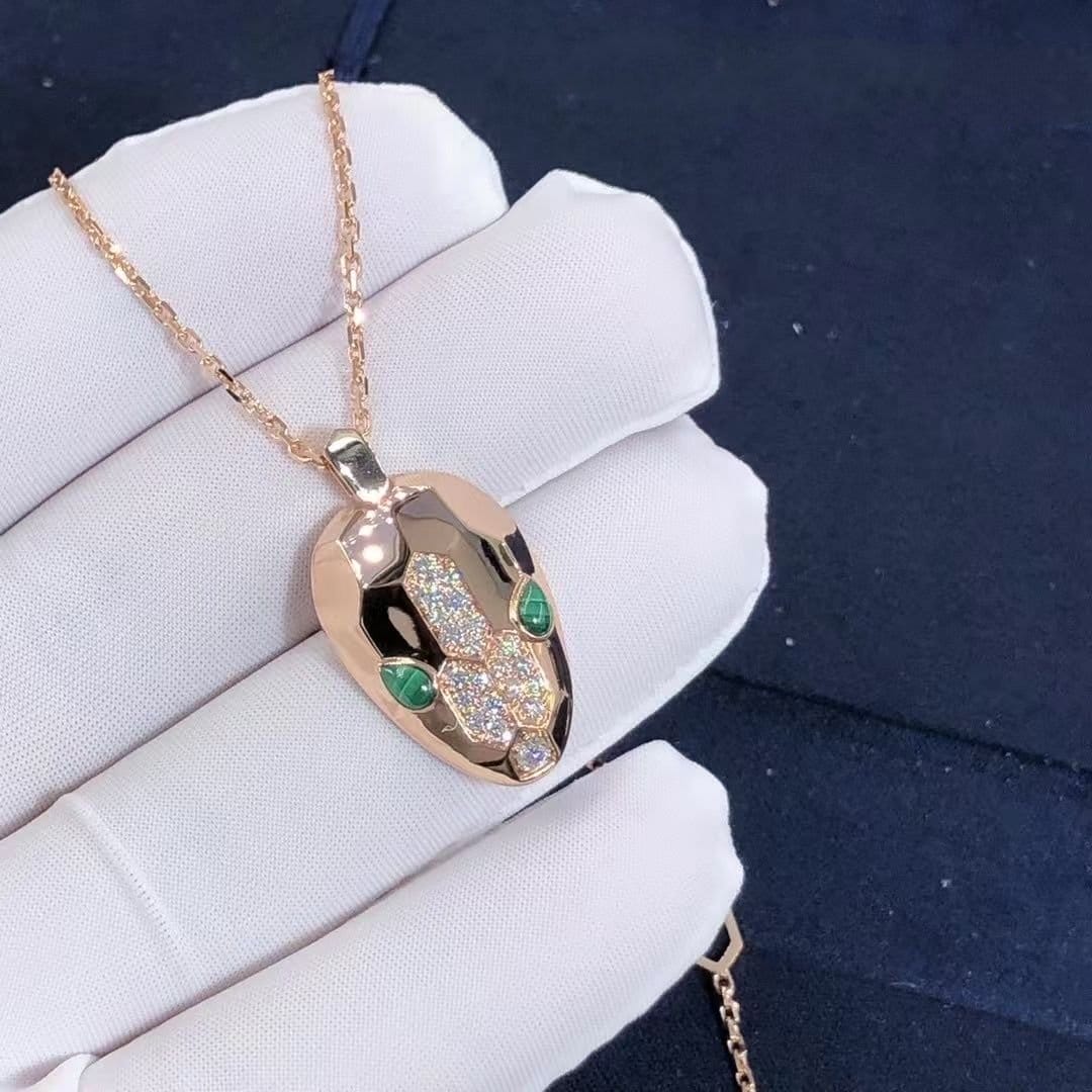 bvlgari serpenti necklace with 18 kt rose gold chain and pendant set with malachite eyes and demi pave diamonds 5