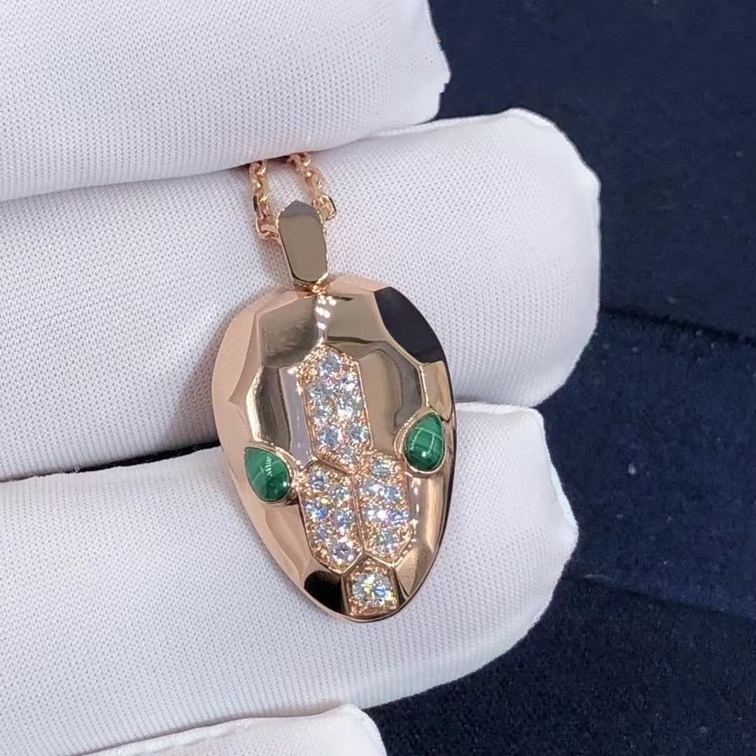 bvlgari serpenti necklace with 18 kt rose gold chain and pendant set with malachite eyes and demi pave diamonds