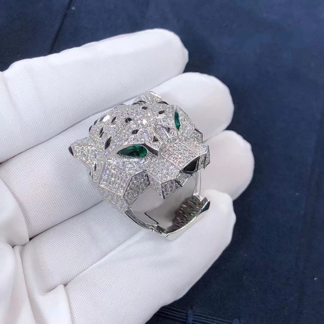 cartier 18k white gold full pave diamonds onyx panthere de cartier ring h4179600