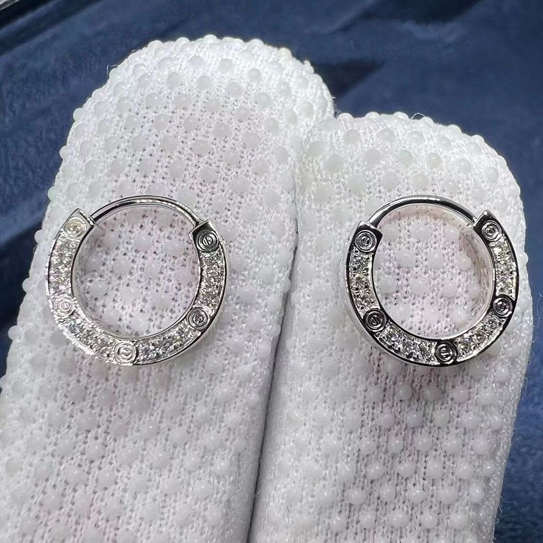 cartier 18k white gold pave diamond 12mm single love hoop earring b8301424