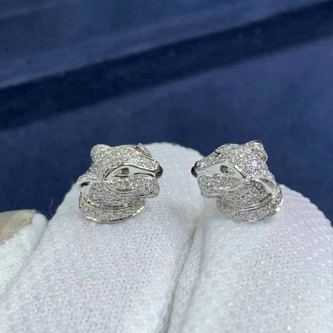 cartier 18k white gold pave diamond panthere de cartier stud earrings n8050700