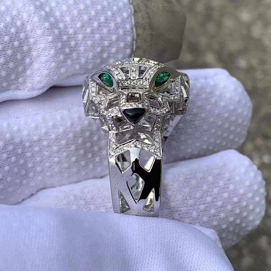 cartier 18k white gold diamond emerald onyx panthere de cartier ring n4768000