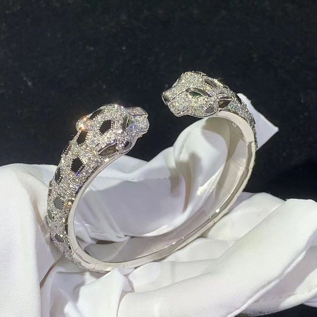 cartier 18k white gold diamond pave onyx panthere de cartier double panthere head bracelet n6721017