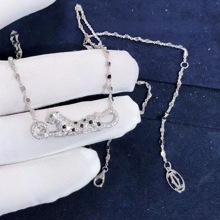 cartier 18k white gold diamond paved panthere de cartier pendant necklace n7424218