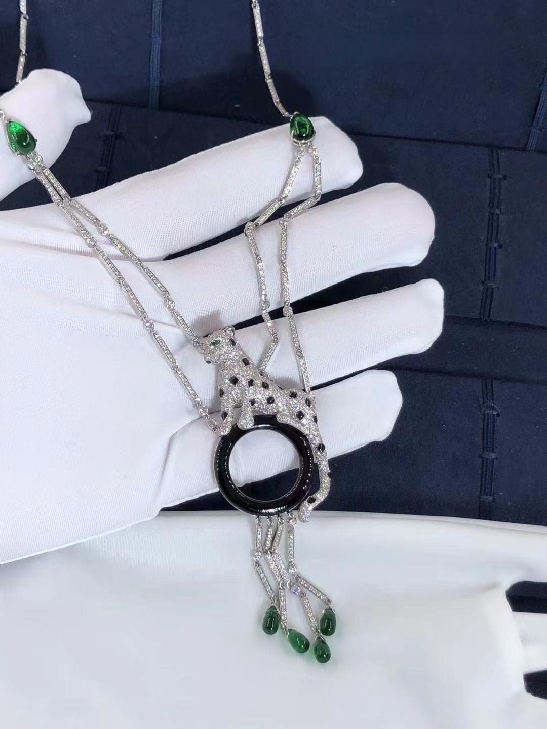 cartier 18k white gold emeralds diamonds panthere de cartier tassel necklace h7000743 2