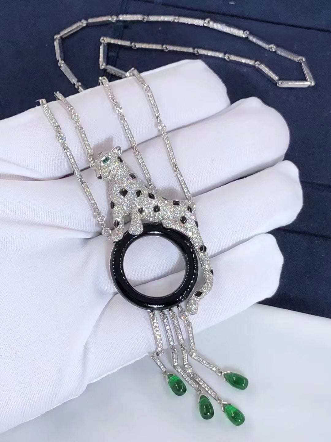 cartier 18k white gold emeralds diamonds panthere de cartier tassel necklace h7000743 3