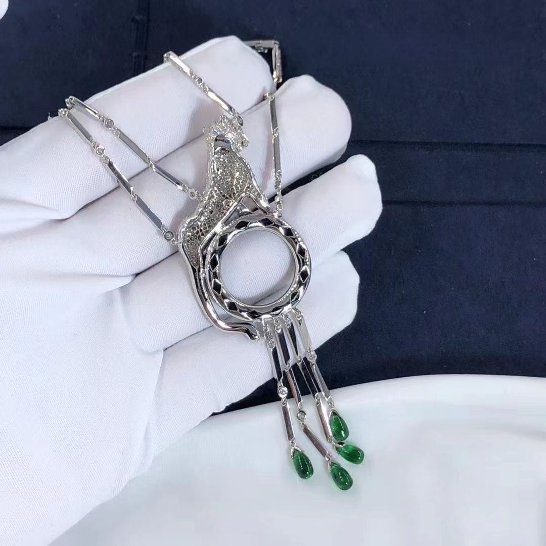 cartier 18k white gold emeralds diamonds panthere de cartier tassel necklace h7000743 5