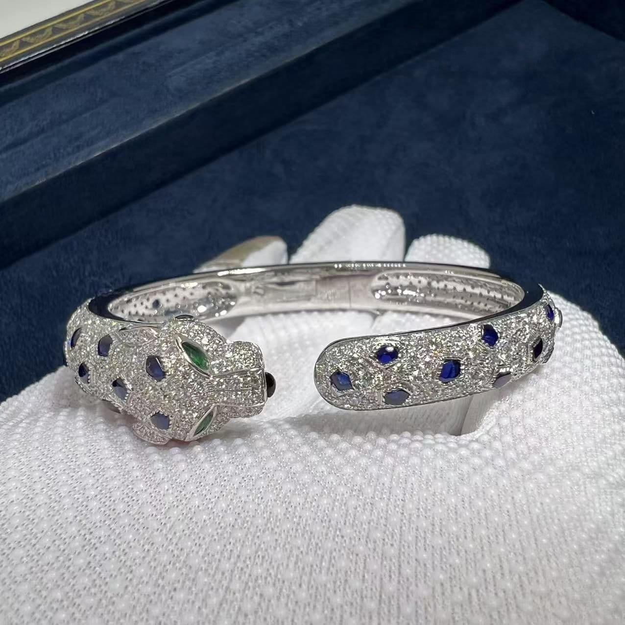 cartier 18k white gold full pave diamonds sapphires emerald onyx panthere de cartier bracelet n6720617 3