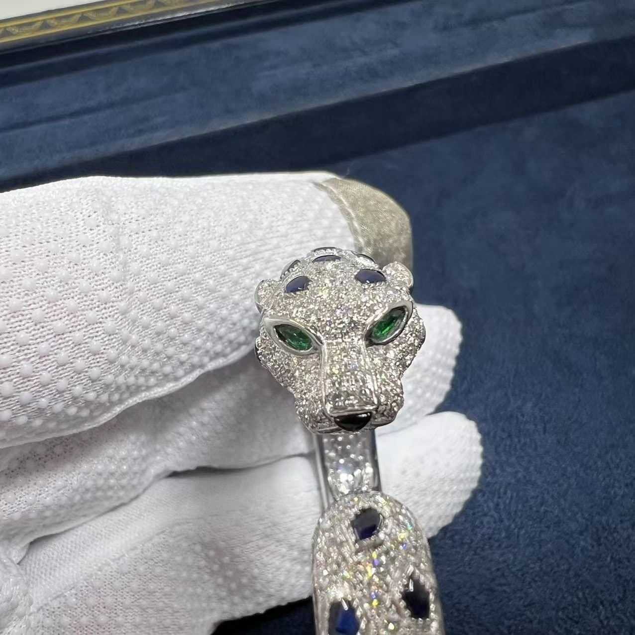 cartier 18k white gold full pave diamonds sapphires emerald onyx panthere de cartier bracelet n6720617 6
