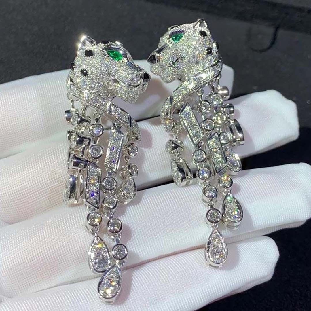 cartier 18k white gold pave diamonds panthere de cartier tassels earrings h8000656