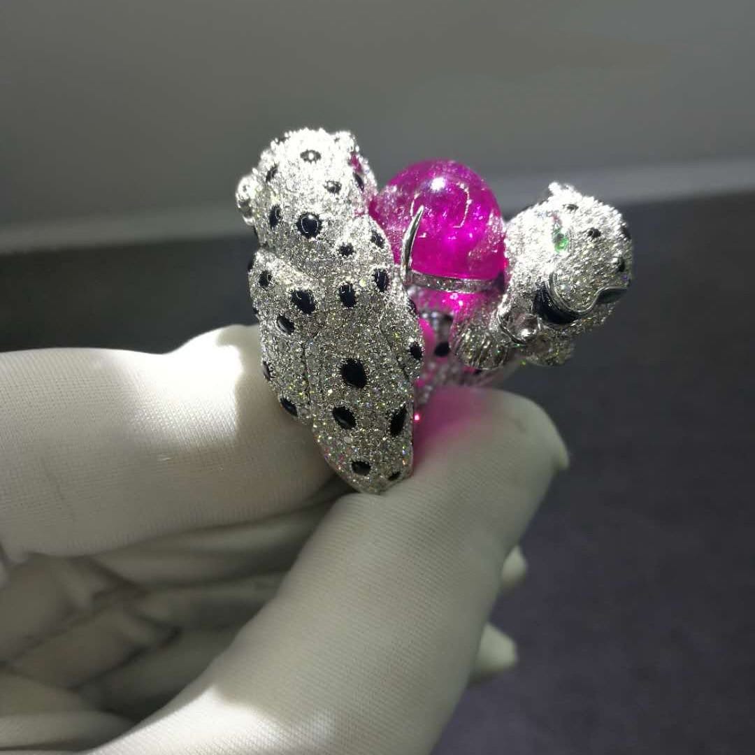 cartier 18k white gold ruby emeralds onyx panthere de cartier high jewellery ring 1