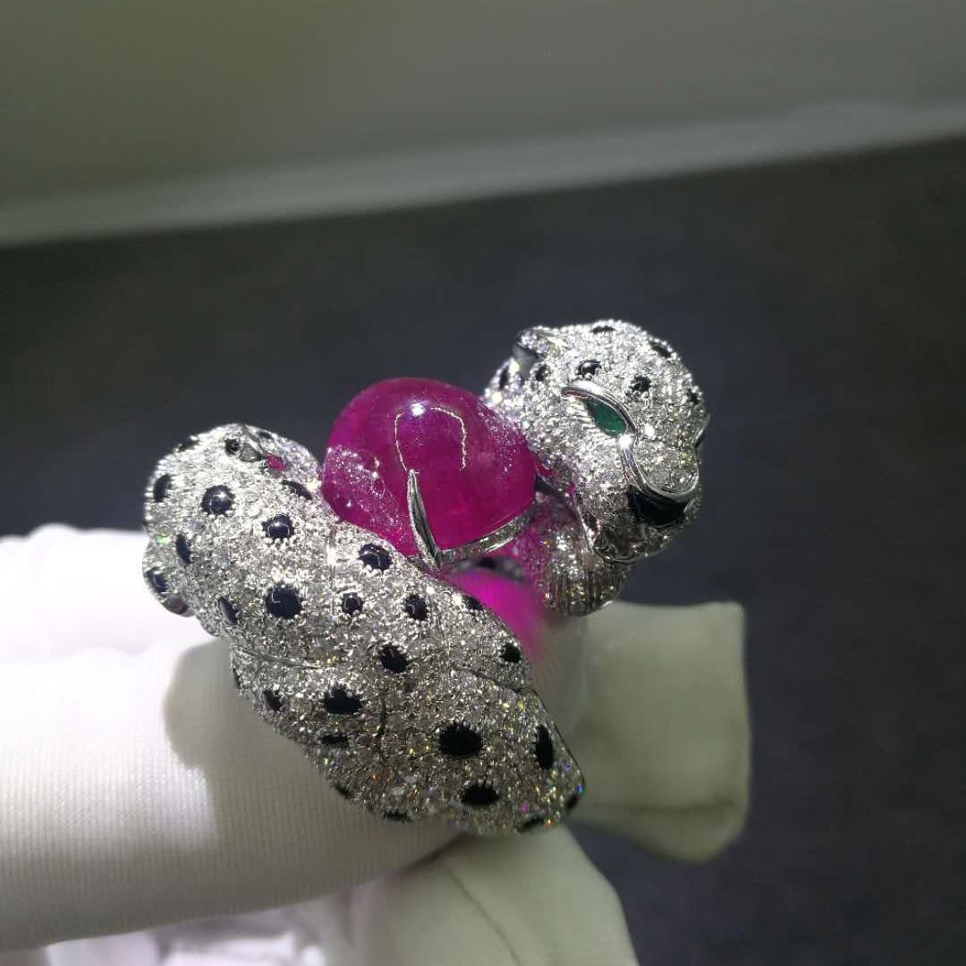 cartier 18k white gold ruby emeralds onyx panthere de cartier high jewellery ring