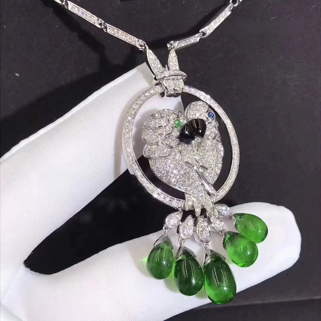 cartier les oiseaux liberes 18k white gold pave diamond emeralds parrot pendant necklace hp300100 1