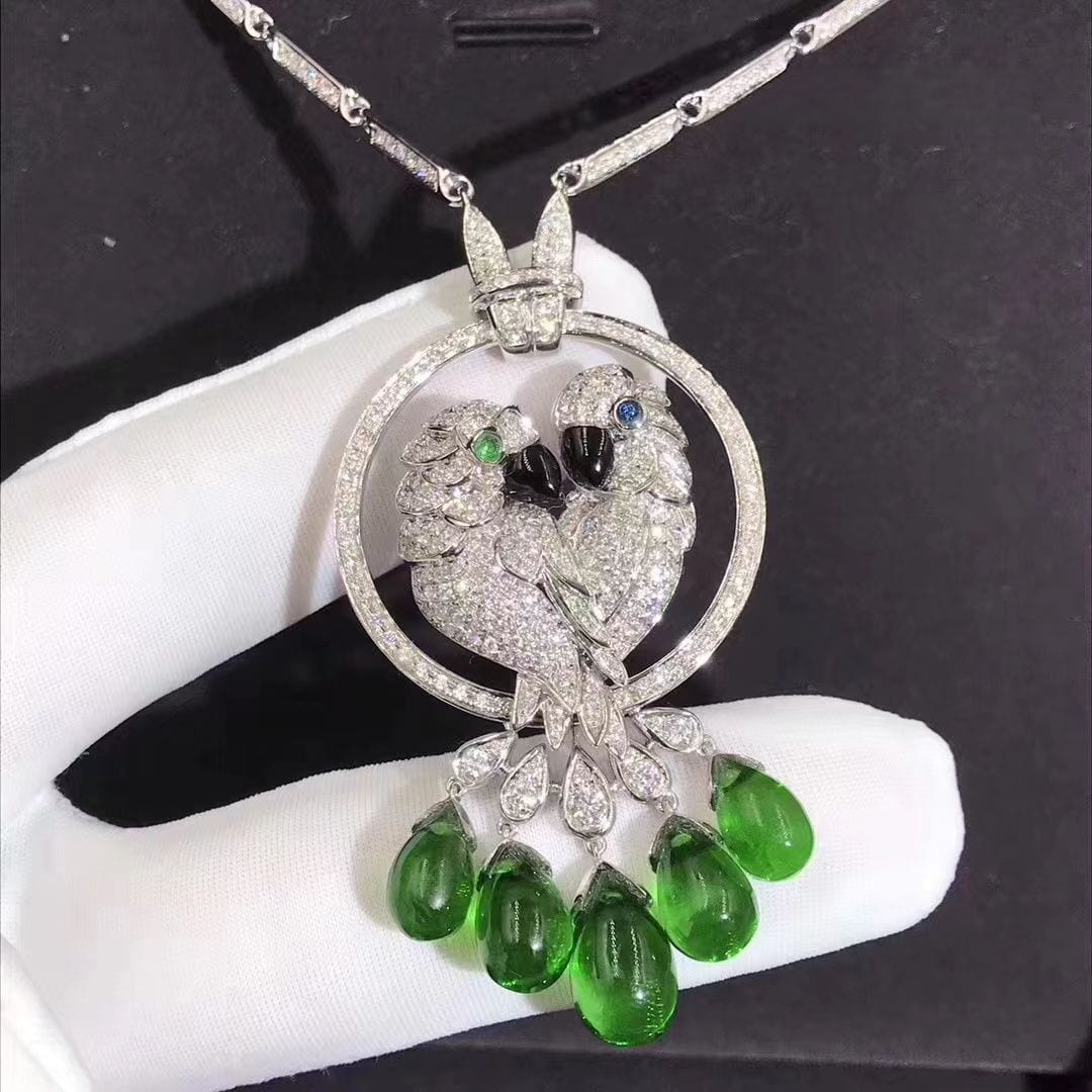 cartier les oiseaux liberes 18k white gold pave diamond emeralds parrot pendant necklace hp300100 2