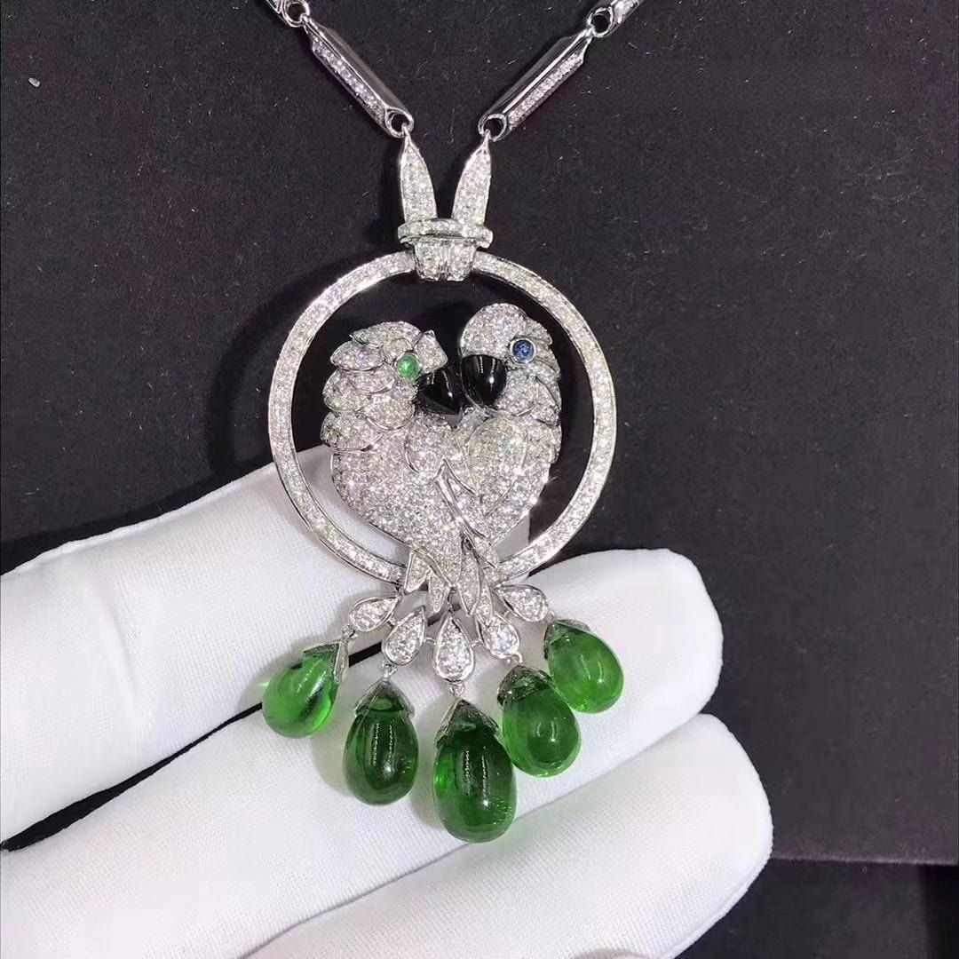 cartier les oiseaux liberes 18k white gold pave diamond emeralds parrot pendant necklace hp300100 3